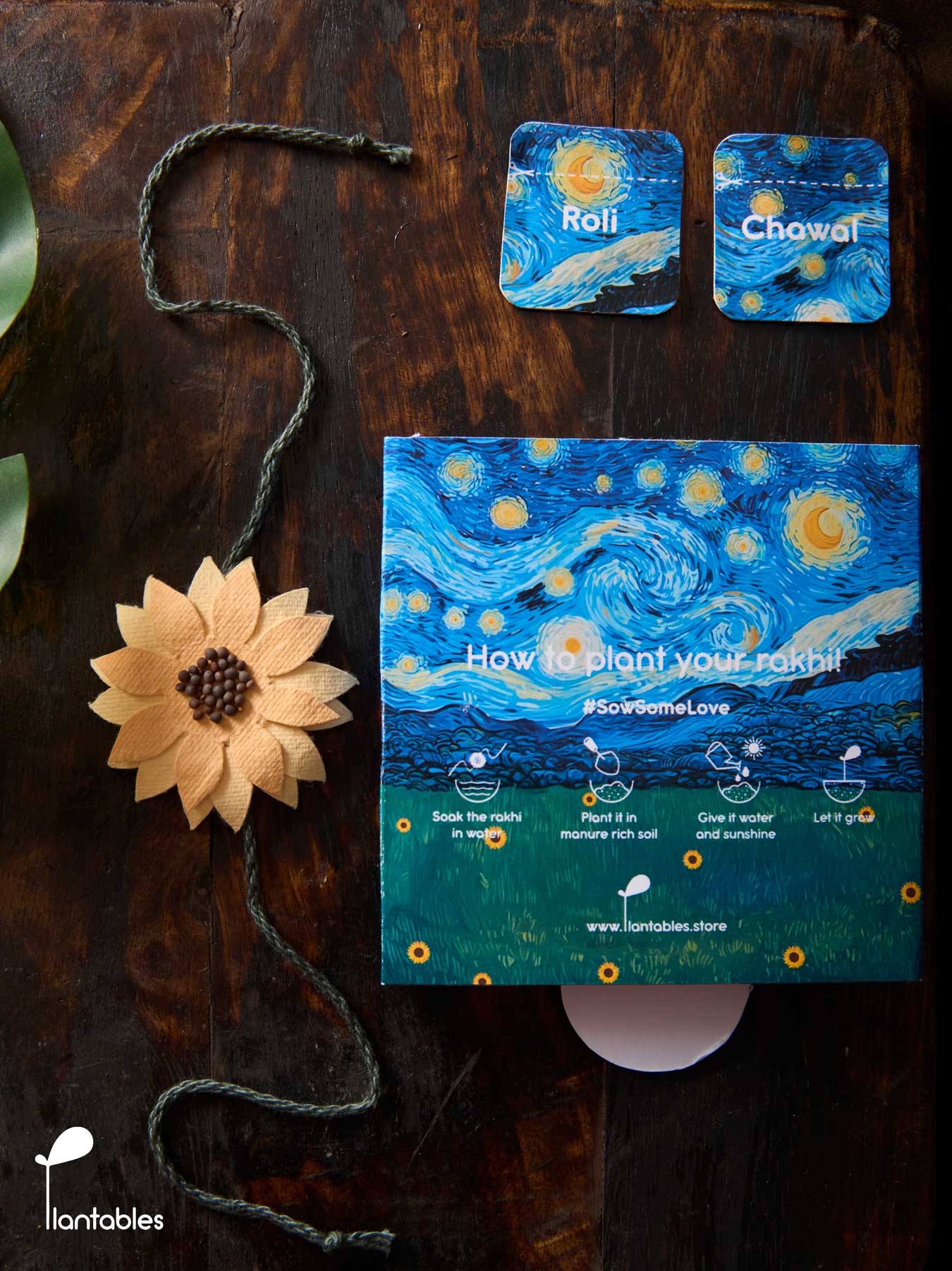 Sunflowers on a Starry Night Rakhi, a plantable seed paper rakhi handmade from upcycled cotton scrap