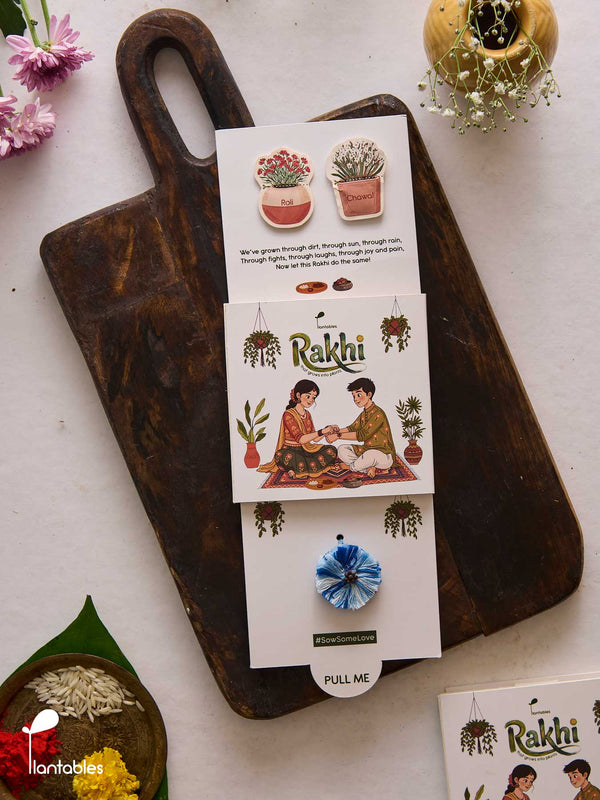 Evil Eye Thread Rakhi, blue nazar motif on cotton thread with seed paper