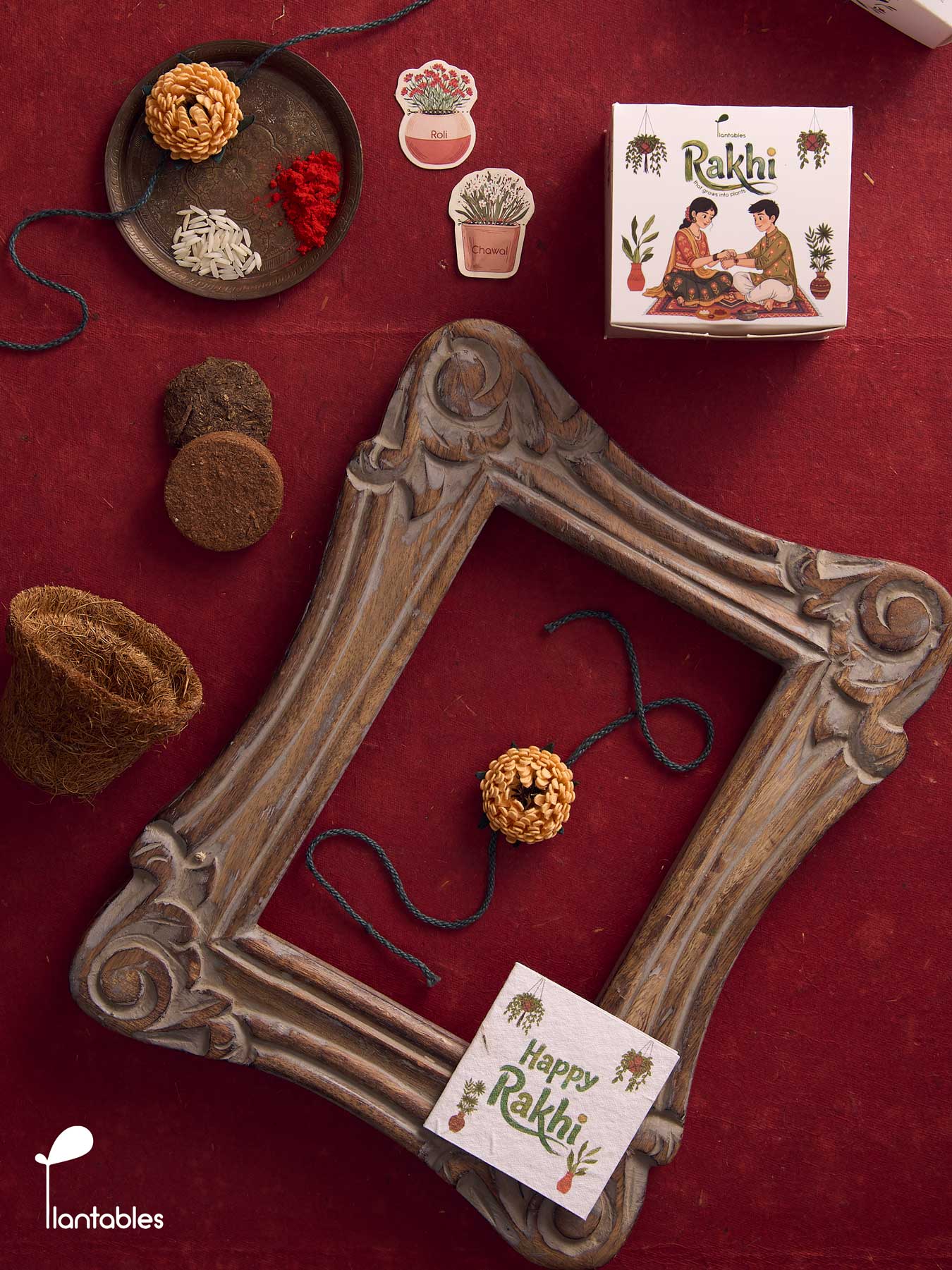 Marigold Rakhi Planting Kit, orange marigold design with seed paper greeting card, roli chawal pockets and coir pot